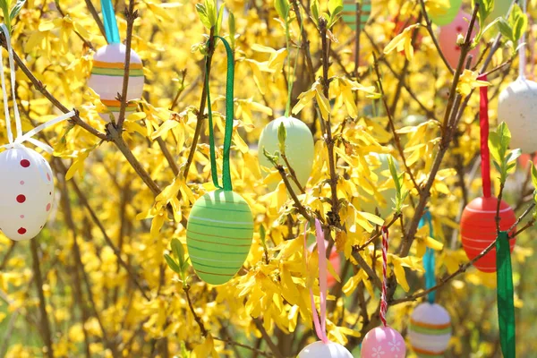 Όμορφα Βαμμένα Πασχαλινά Αυγά Κρέμονται Εξωτερικούς Χώρους Δέντρο Closeup — Φωτογραφία Αρχείου