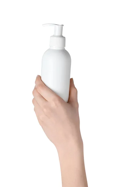 Frau Mit Flasche Gesichtsreinigungsmittel Auf Weißem Hintergrund Nahaufnahme — Stockfoto