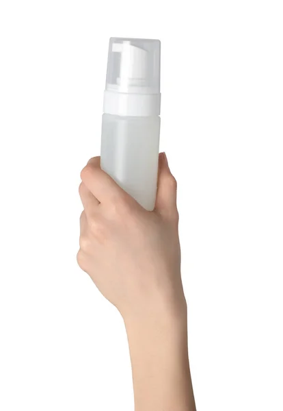 Kobieta Trzymająca Butelkę Produktu Czyszczenia Twarzy Białym Tle Zbliżenie — Zdjęcie stockowe