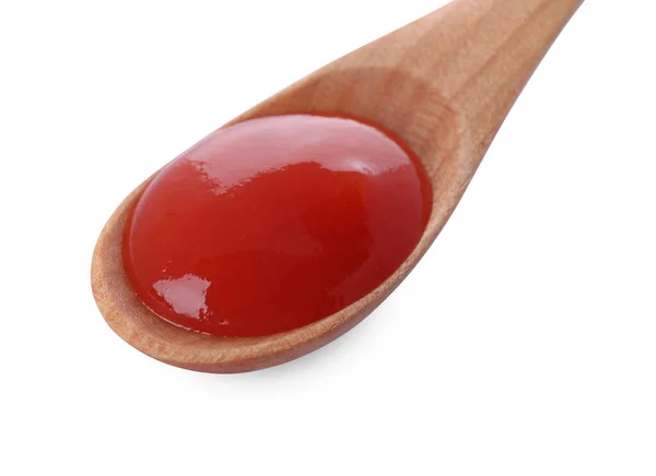 Cucchiaio Legno Con Gustoso Ketchup Fresco Isolato Bianco — Foto Stock
