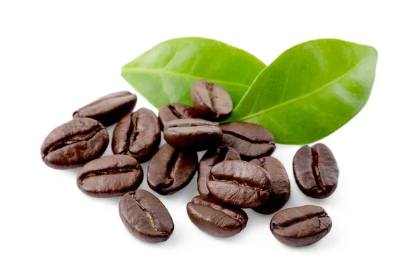 Rostade Kaffebönor Och Blad Isolerade Vitt — Stockfoto