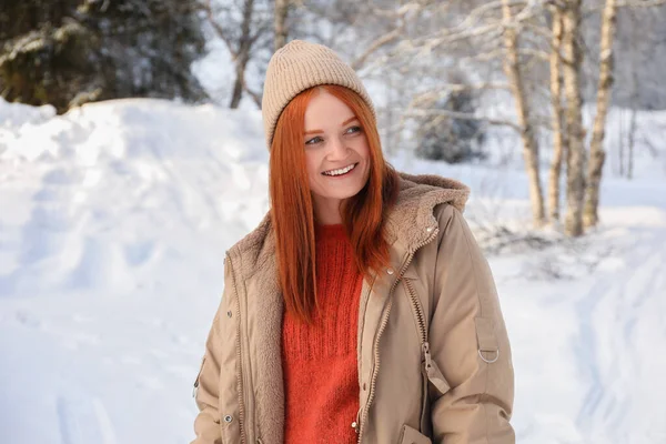 Portrait Beautiful Young Woman Snowy Day Outdoors Winter Vacation — Stock Photo, Image