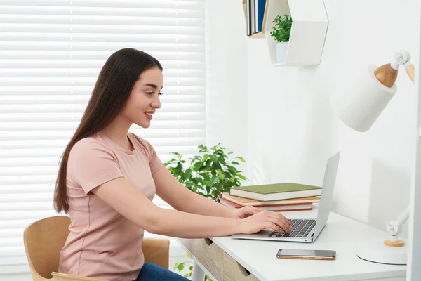 Home Workplace Woman Working Laptop White Desk Room — Zdjęcie stockowe