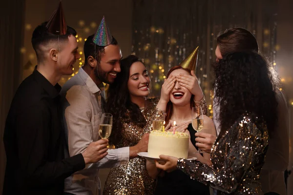 Happy Friends Tasty Cake Glasses Sparkling Wine Celebrating Birthday Indoors — Stock Photo, Image