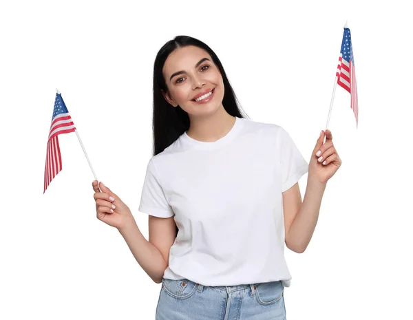 4Th July Independence Day America Happy Woman Holding National Flags — Stock Photo, Image