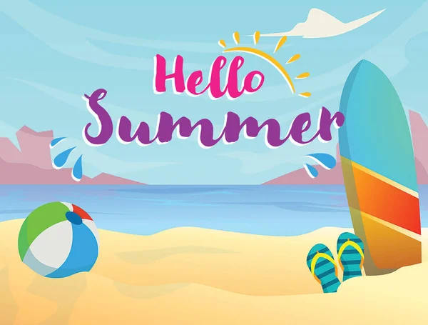 Привет Лето Иллюстрация Тропического Пляжа Мячом Доской Серфинга Шлепанцами Возле — стоковое фото