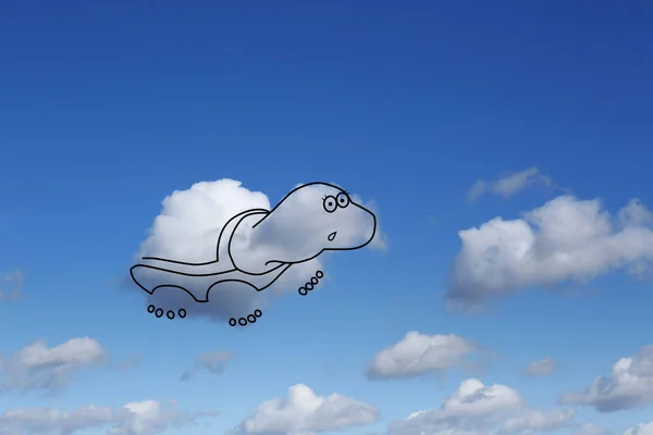 Воображение Творчество Пушистое Облако Форме Черепахи Нарисованным Контуром Голубом Небе — стоковое фото
