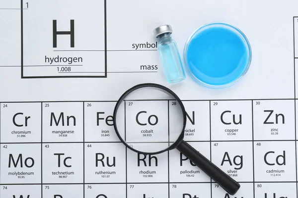 Vergrootglas Fles Petrischaal Periodiek Systeem Van Chemische Elementen Plat Gelegd — Stockfoto