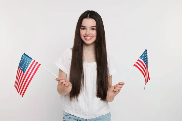 4Th July Independence Day Usa Happy Girl American Flags White — Stock Photo, Image