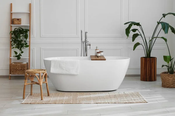 Stylish Bathroom Interior Beautiful Tub Stool Houseplants — Stock Photo, Image