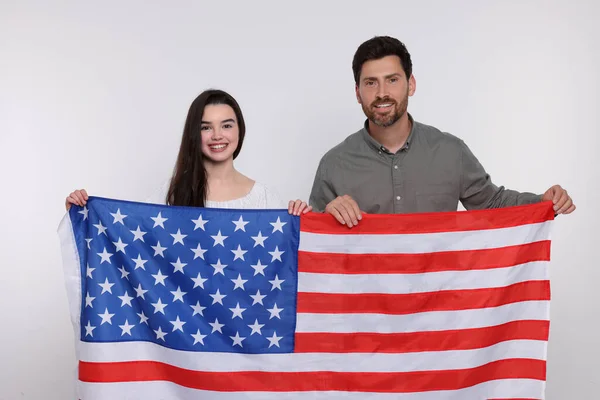 Julio Día Independencia Estados Unidos Feliz Padre Hija Con Bandera — Foto de Stock