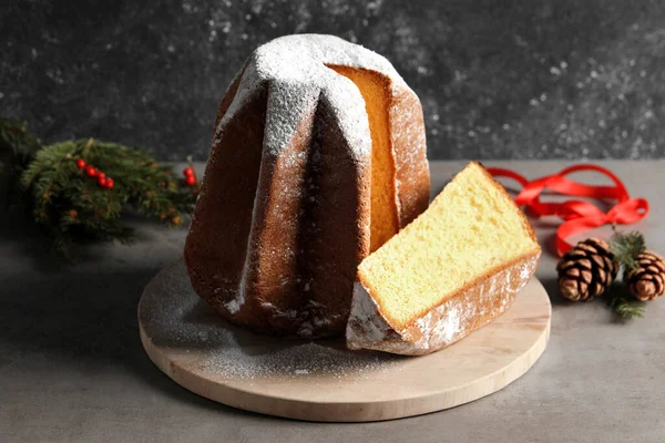 Delicious Pandoro Cake Powdered Sugar Christmas Decor Grey Table — Photo