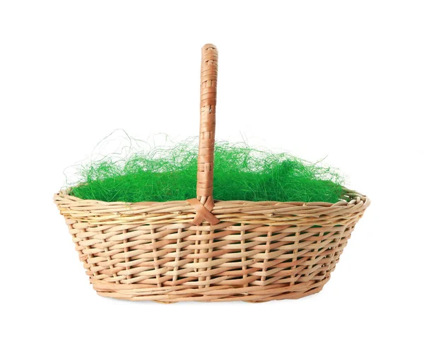 Easter Wicker Basket Decorated Grass Isolated White — Stock Photo, Image
