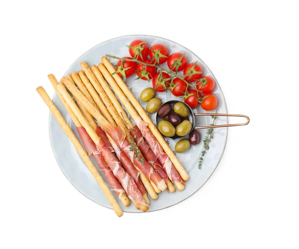 Placa Deliciosos Palitos Grissini Con Jamón Tomates Aceitunas Sobre Fondo — Foto de Stock