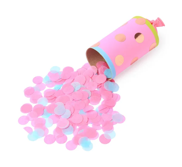 Confete Colorido Com Cracker Partido Rosa Isolado Branco Vista Acima — Fotografia de Stock