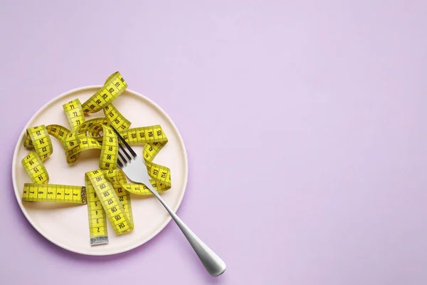 Measuring Tape Fork Violet Background Top View Space Text Weight — Stock Photo, Image