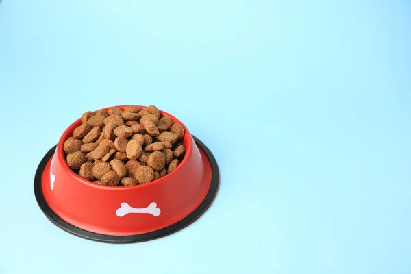Dry Dog Food Feeding Bowl Light Blue Background Space Text — Stock Photo, Image