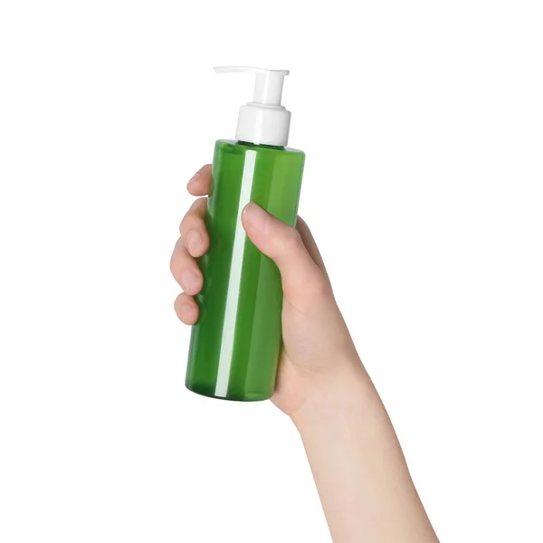 Donna Che Tiene Una Bottiglia Prodotto Detergente Viso Sfondo Bianco — Foto Stock