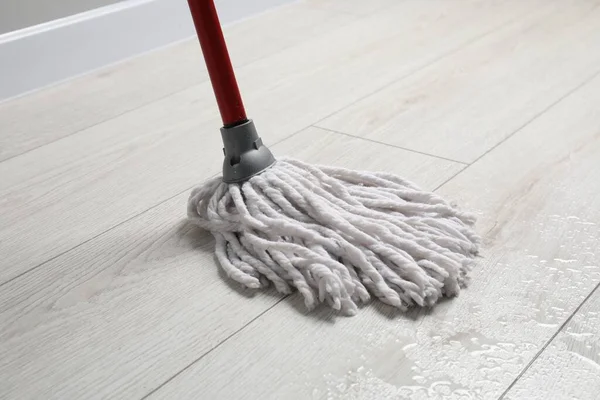 Cleaning Dirty Wooden Floor Mop Indoors — Stock Photo, Image