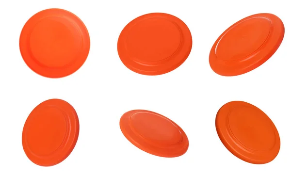Set Orange Frisbee White Background Different Views — Stock Photo, Image
