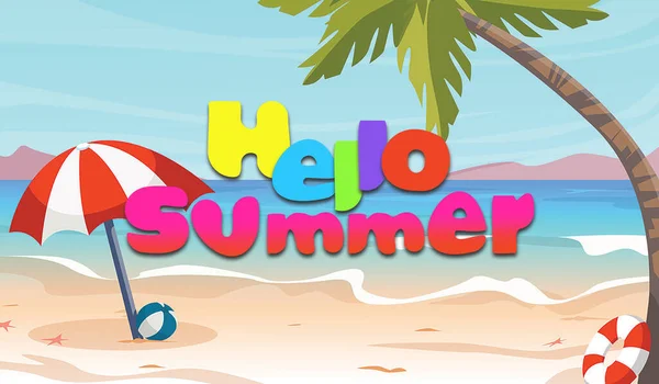 Hello Summer Illustration Tropical Beach Umbrella Ball Palm Sea Banner — Stock Photo, Image