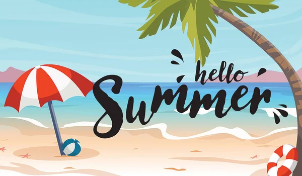 Hello Summer Illustration Tropical Beach Umbrella Ball Palm Sea Banner — Stock Photo, Image