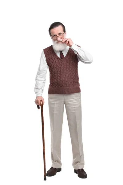 Starszy Mężczyzna Laską Białym Tle — Zdjęcie stockowe