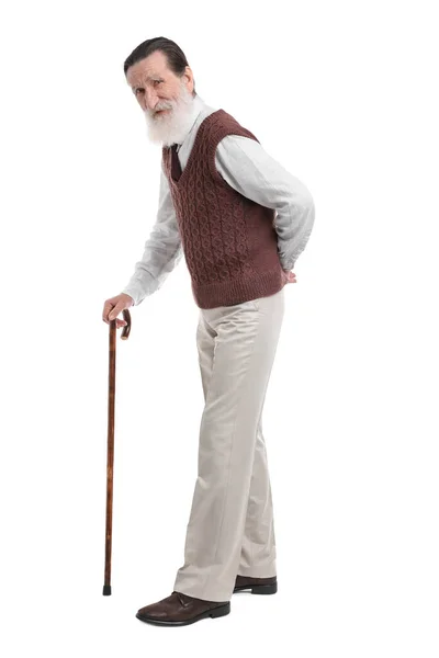 Älterer Mann Mit Gehstock Auf Weißem Hintergrund — Stockfoto