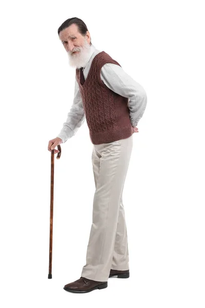 stock image Senior man with walking cane on white background