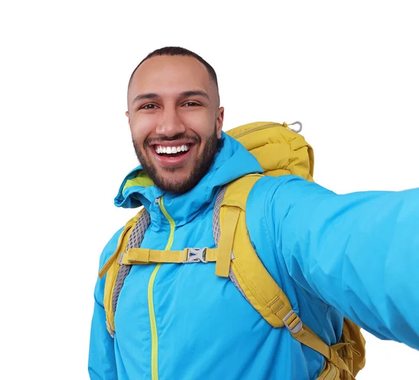 Uśmiechnięty Młody Człowiek Robi Selfie Białym Tle — Zdjęcie stockowe
