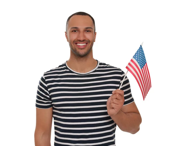 Lipca Dzień Niepodległości Usa Szczęśliwy Człowiek Amerykańską Flagą Białym Tle — Zdjęcie stockowe