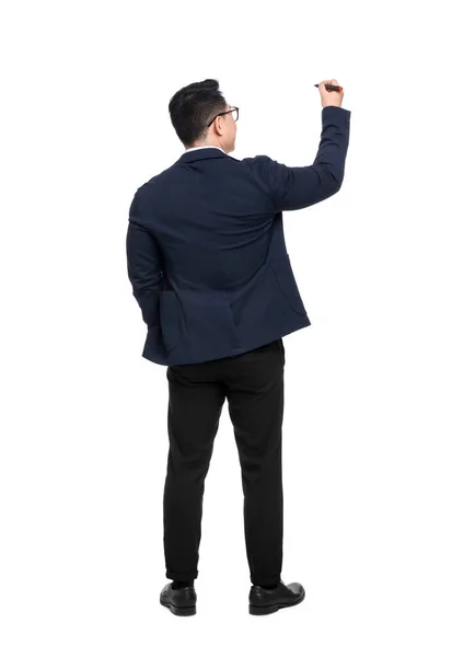 Geschäftsmann Anzug Mit Filzstift Auf Weißem Hintergrund Rückseite — Stockfoto