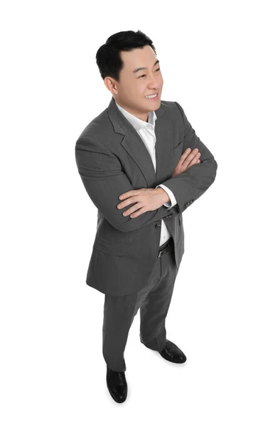 Affärsman Kostym Poserar Vit Bakgrund Ovan Visa — Stockfoto