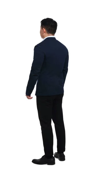 Geschäftsmann Anzug Posiert Auf Weißem Hintergrund Rückseite — Stockfoto