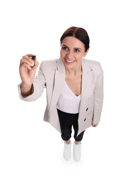 Schöne Geschäftsfrau Anzug Mit Filzstift Auf Weißem Hintergrund Oben — Stockfoto