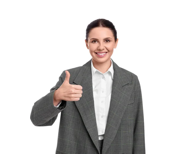 Vacker Glad Affärskvinna Kostym Visar Tummen Upp Vit Bakgrund — Stockfoto