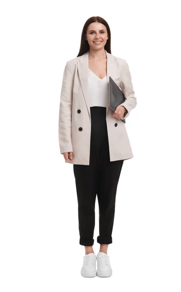 Krásná Podnikatelka Obleku Notebookem Bílém Pozadí — Stock fotografie