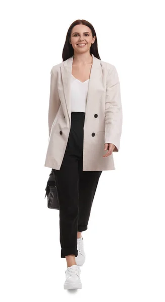 Schöne Geschäftsfrau Anzug Mit Aktentasche Fuß Auf Weißem Hintergrund — Stockfoto