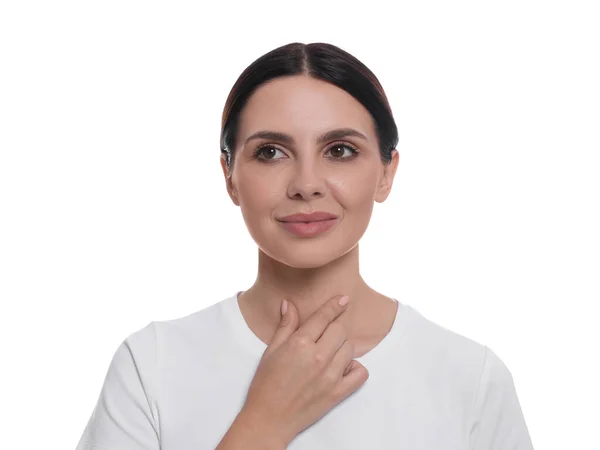 Endocrine System Young Woman Doing Thyroid Self Examination White Background — Foto de Stock