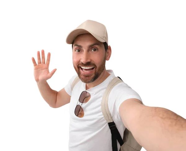 Usmívající Muž Selfie Bílém Pozadí — Stock fotografie