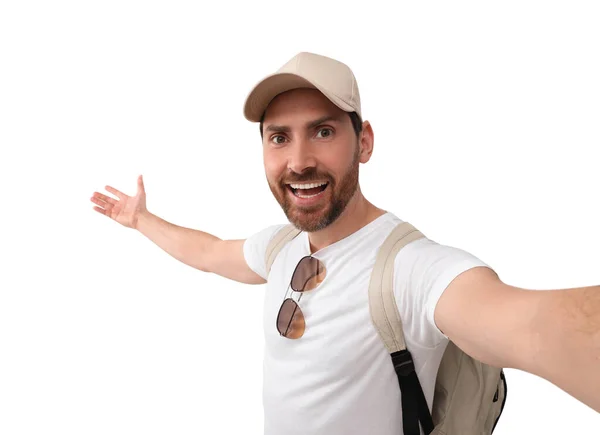 Sorrindo Homem Tomando Selfie Fundo Branco — Fotografia de Stock