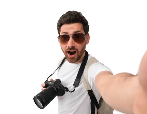 Χαμογελώντας Άνθρωπος Κάμερα Λήψη Selfie Λευκό Φόντο — Φωτογραφία Αρχείου