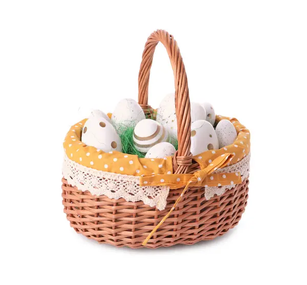 Wicker Basket Beautifully Painted Easter Eggs Isolated White — Stock Photo, Image
