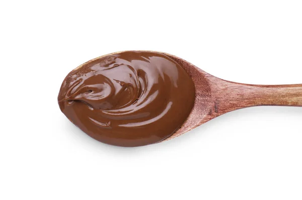 Beyaz Arka Planda Lezzetli Çikolata Ezmeli Kaşık Üst Görünüm — Stok fotoğraf