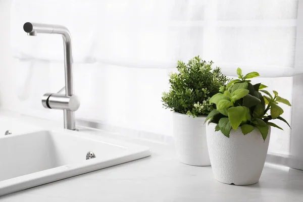 Artificial Potted Herbs White Marble Countertop Sink Kitchen Home Decor — Stock Photo, Image