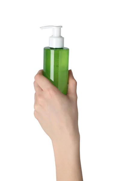 Donna Che Tiene Una Bottiglia Prodotto Detergente Viso Sfondo Bianco — Foto Stock