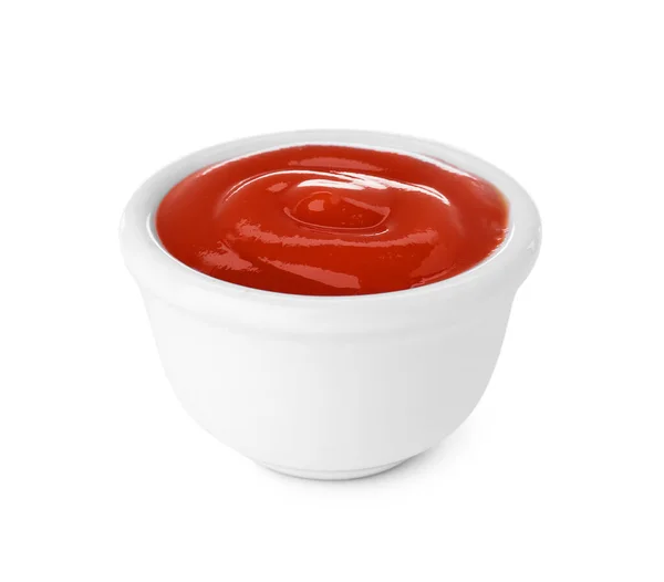Ciotola Ketchup Gustoso Isolato Bianco Salsa Pomodoro — Foto Stock