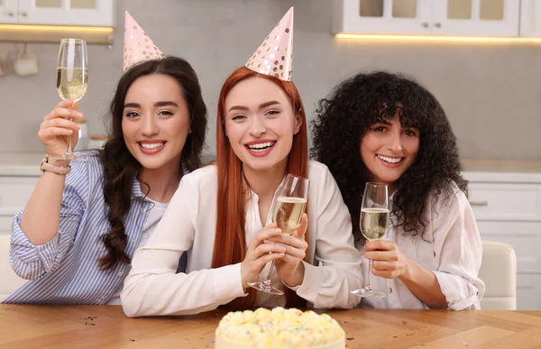 Happy Young Women Tasty Cake Glasses Sparkling Wine Celebrating Birthday — Stock Photo, Image