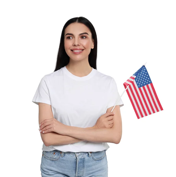 Julio Día Independencia América Mujer Feliz Sosteniendo Bandera Nacional Estados —  Fotos de Stock