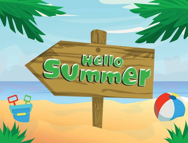 Привет Лето Иллюстрация Тропического Пляжа Деревянным Знаком Игрушками Моря — стоковое фото
